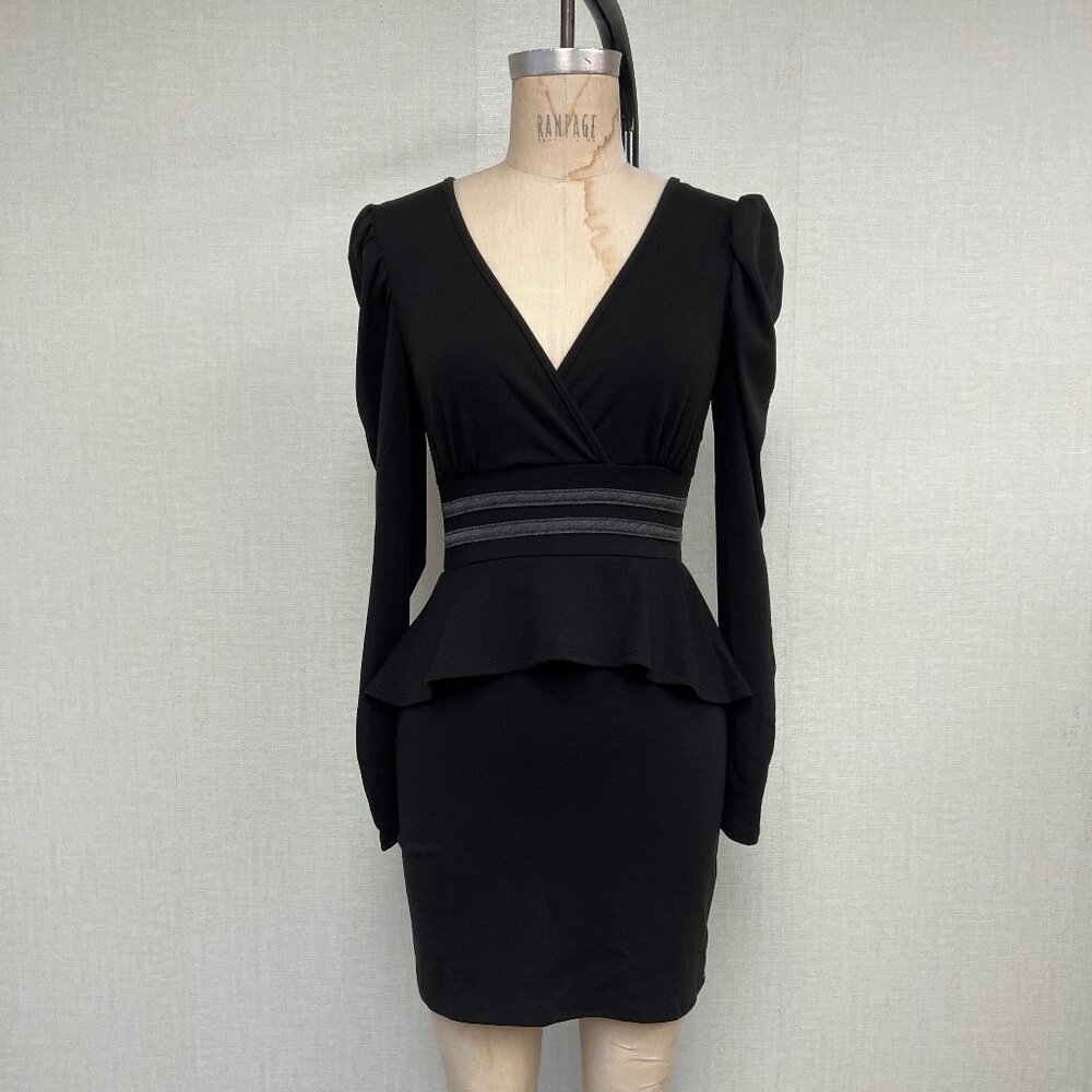 NWOT Deadstock 2000s Peplum Puff Sleeve Black Pencil Dress Small - Picture 1 of 4